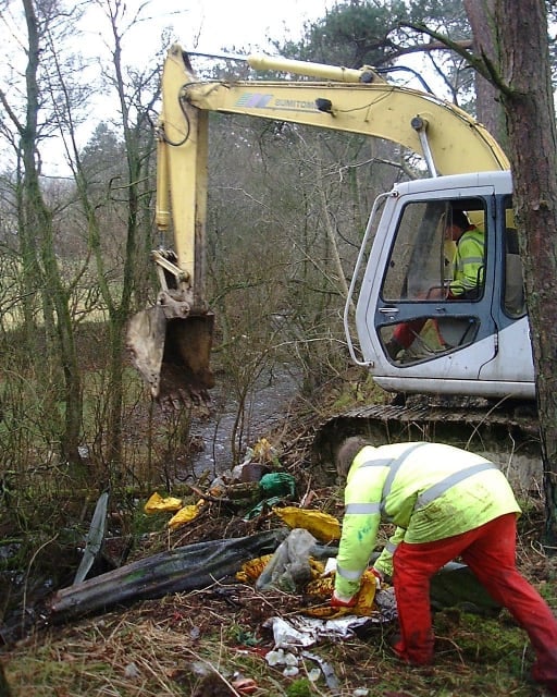The clear up of the farm tip on the banks of the Nant-y-maes (upper Wye tributary) in 2005.